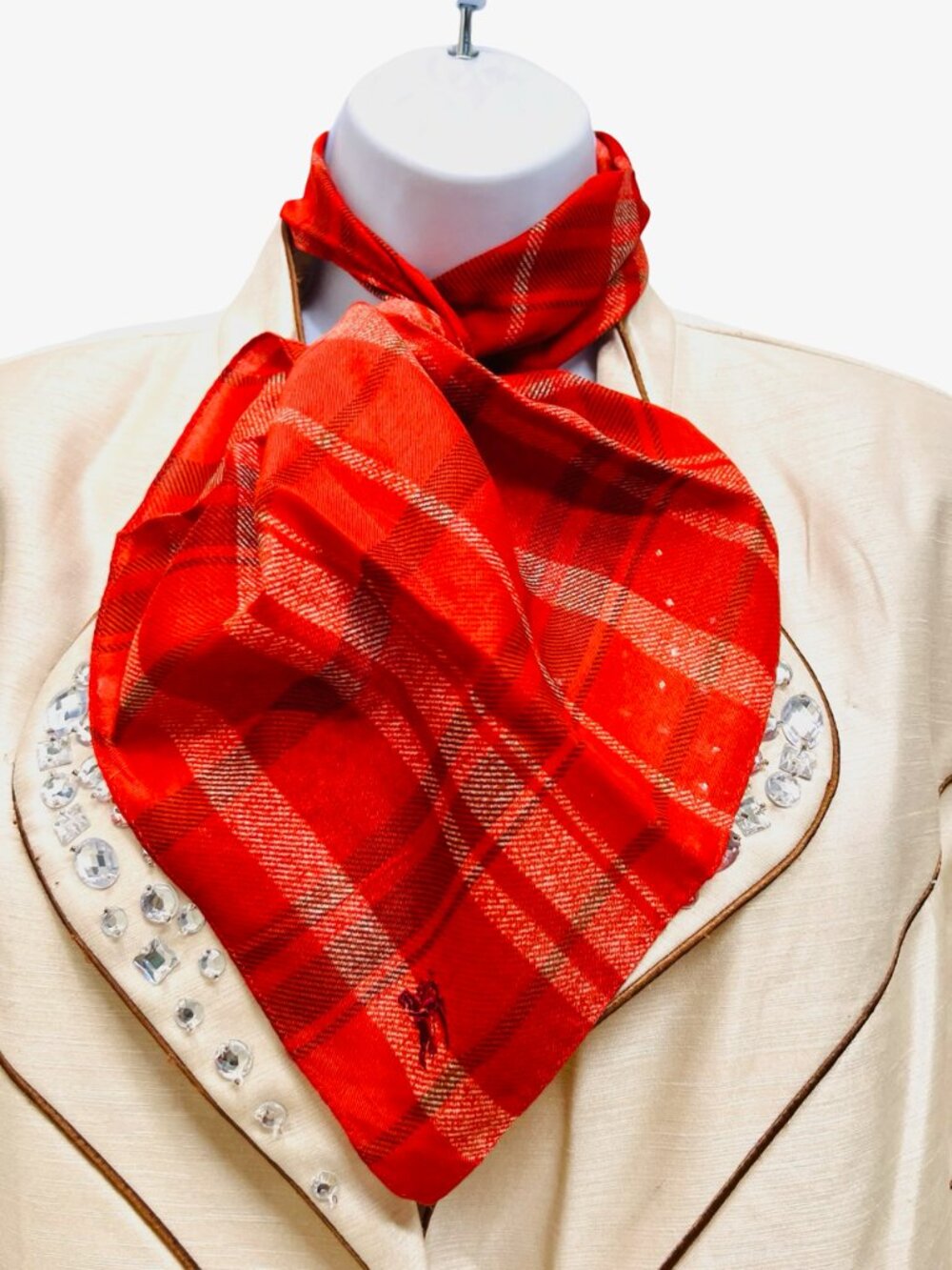 New Never worn Burberry Neck-kerchief 19.5" red black gray check embroidered(95 - Picture 3 of 12